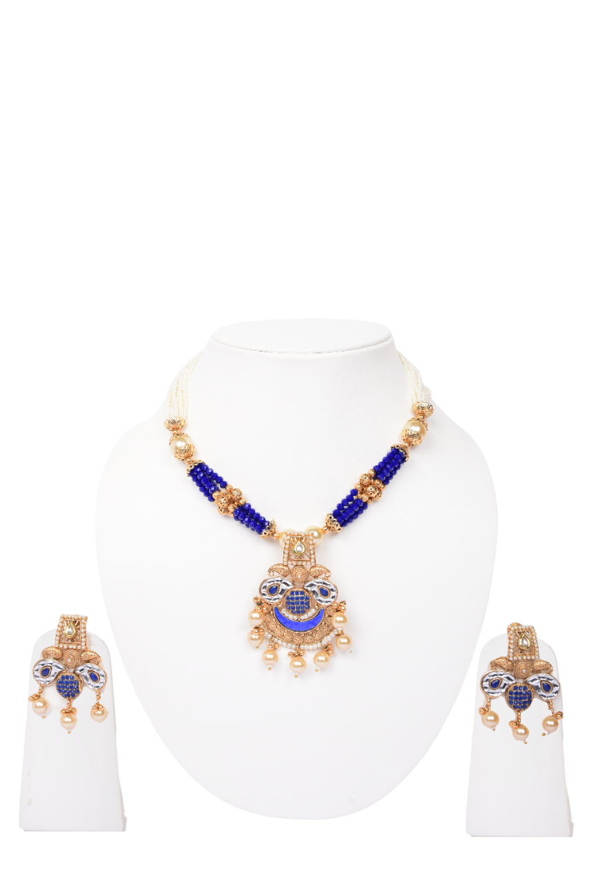 Namokriti Royal Blue Beaded Necklace Set with Earrings – Elegant Traditional Jewellery for Weddings & Festive Wear